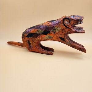 Folk Art Handcrafted Oaxacan Wood Cheetah Sculpture Maximalist Home Decor